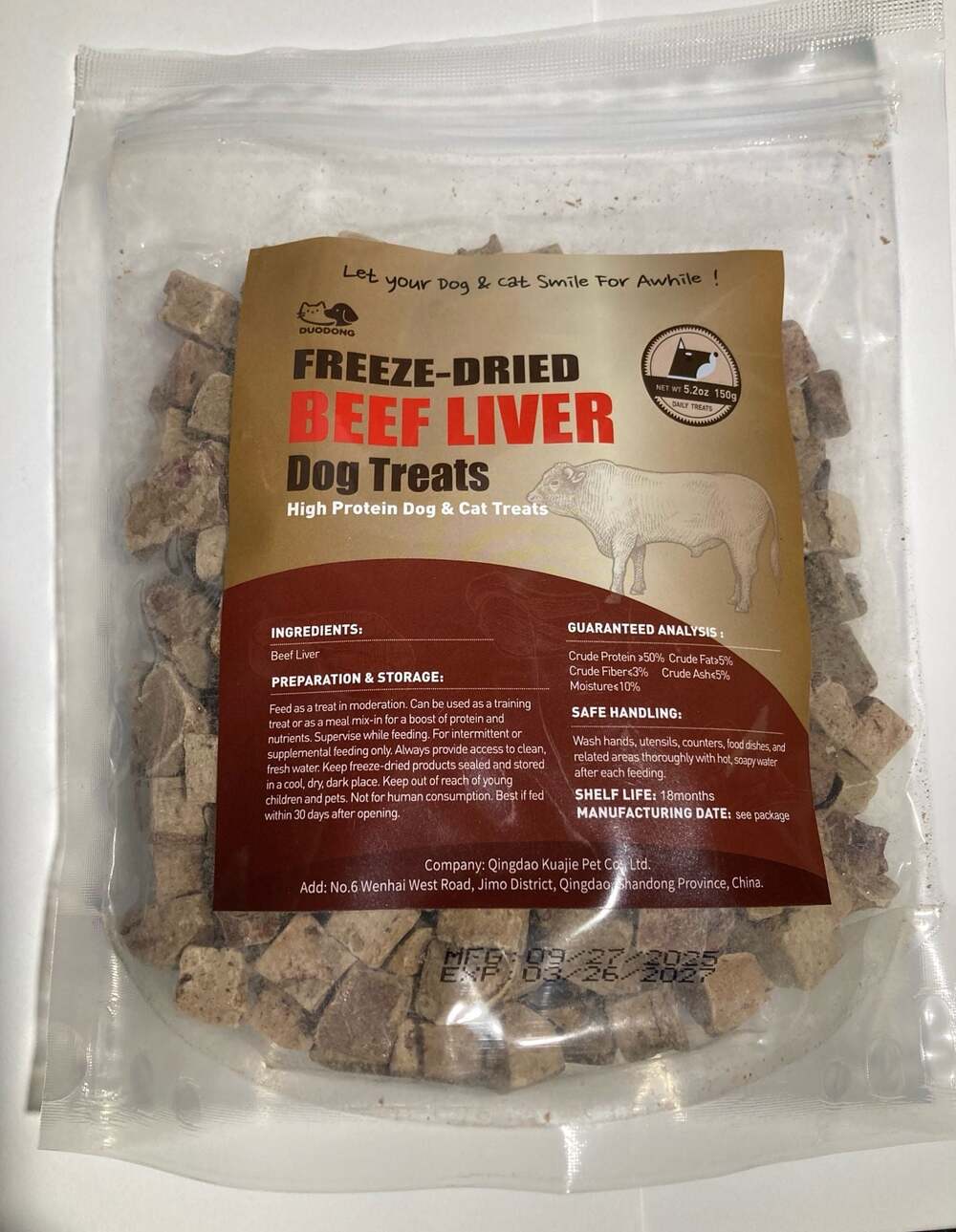 DUODONG Freeze-Dried Beef Liver Dog and Cat Treats 5.2oz (150g)